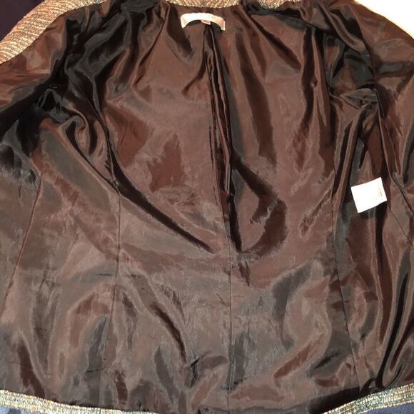 Kasper 6 Striped Elegant Evening Green White Orange Black Metallic Tweed Jacket - Picture 13 of 13